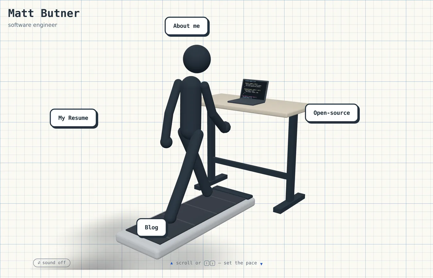 The site's 3D hero: a dark stick figure walking on a treadmill behind a standing desk with an open laptop, on a graph-paper background, surrounded by four nav buttons.