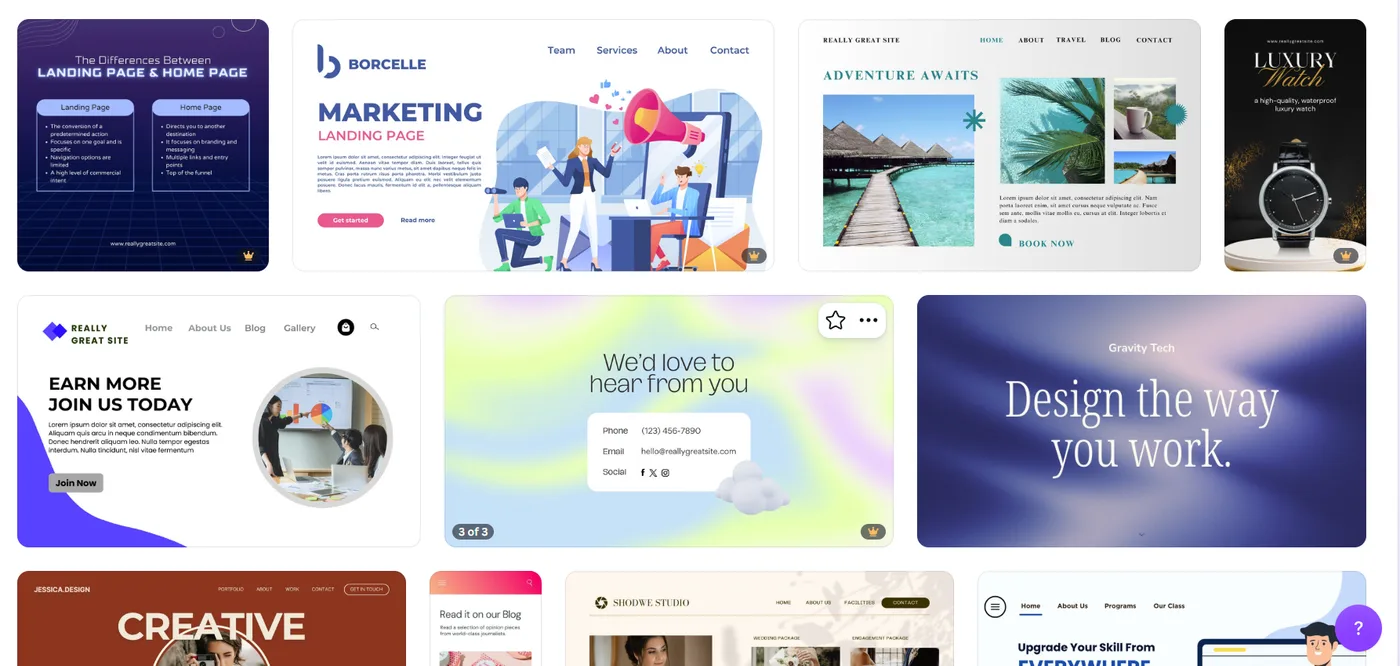 A grid of landing-page design templates: a marketing page, a travel page, a product page for a watch, a contact page, each with placeholder brand names and stock photography.